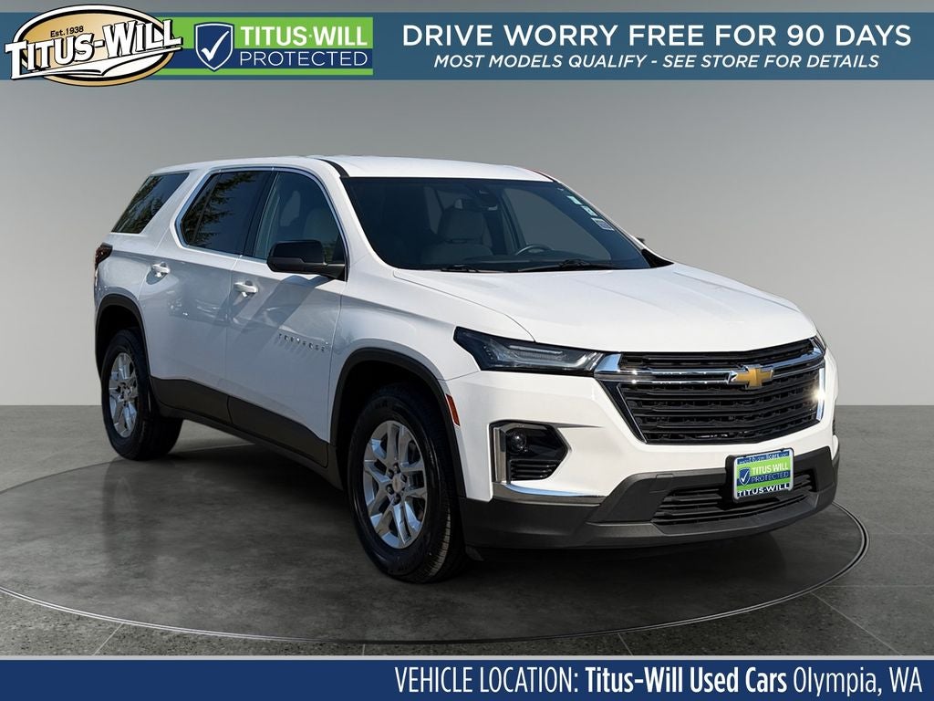 2022 Chevrolet Traverse LS in Summit White — front three-quarter view