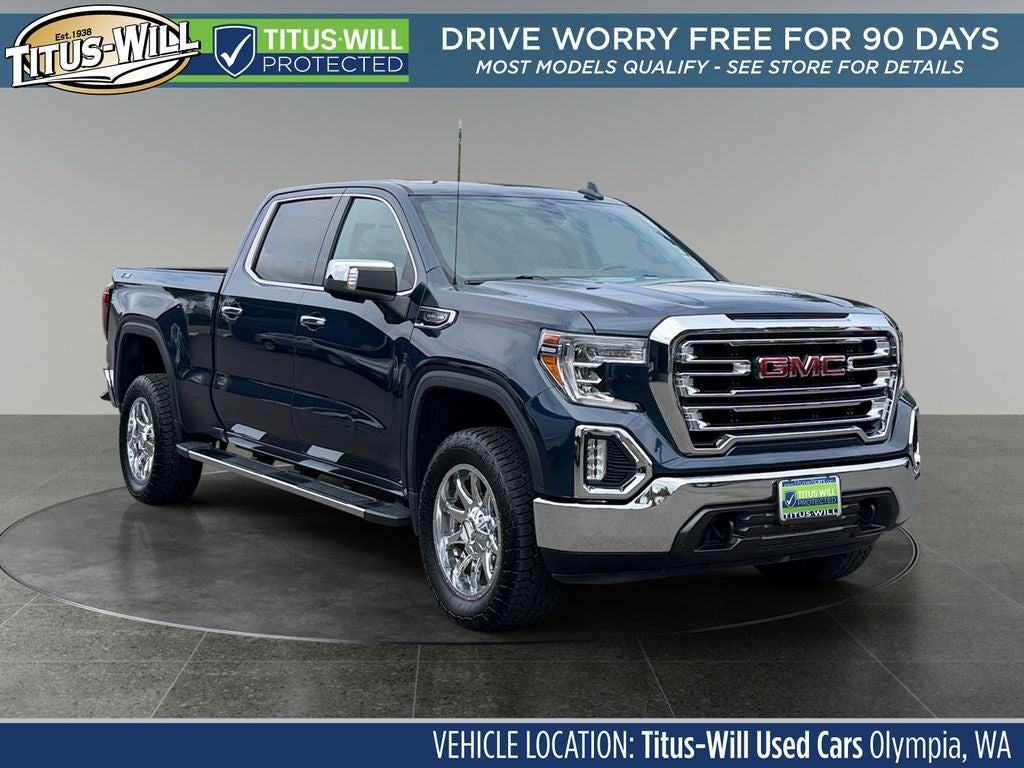 2019 GMC Sierra 1500 SLT in Pacific Blue Metallic — front three-quarter view
