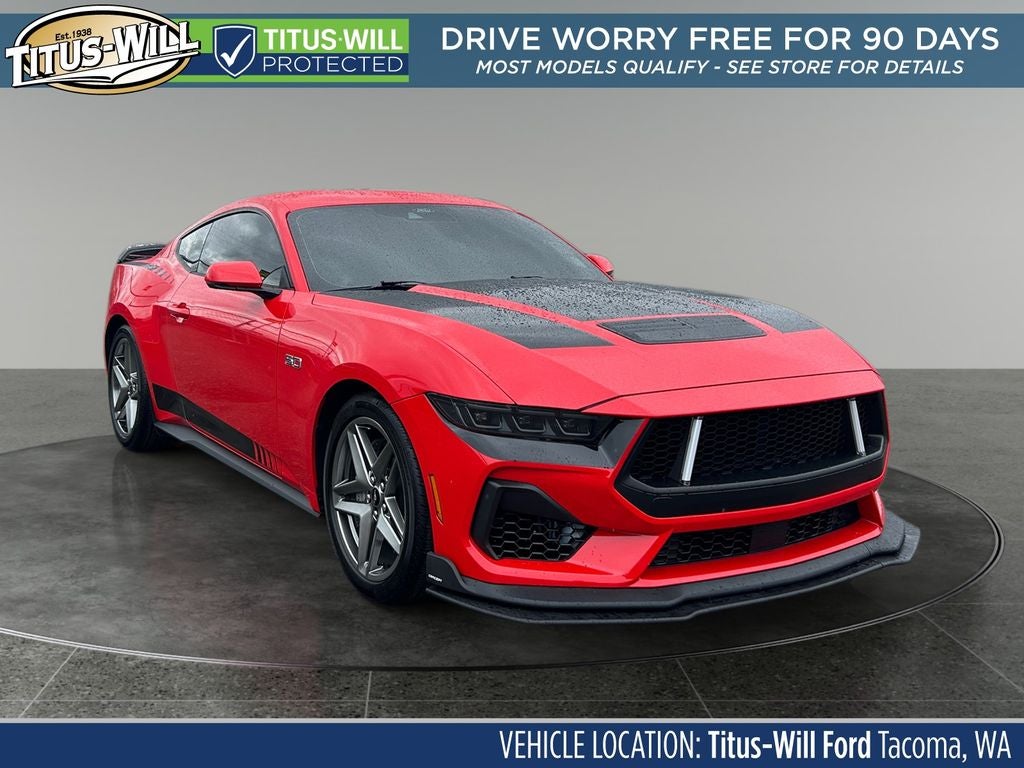 2025 Ford Mustang GT Premium in Race Red — front three-quarter view