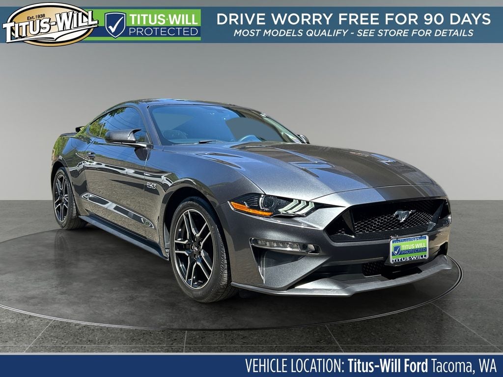 2018 Ford Mustang GT in Magnetic — front three-quarter view