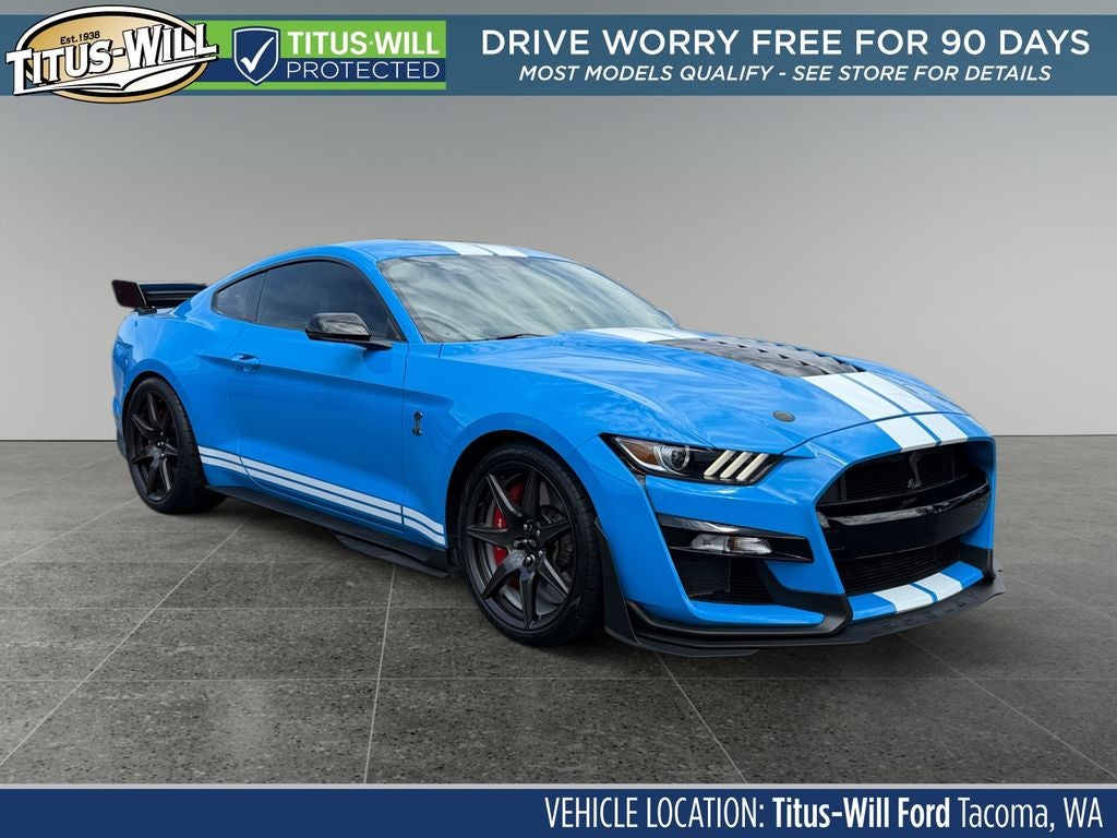 2022 Ford Mustang Shelby GT500 in Grabber Blue Metallic — front three-quarter view