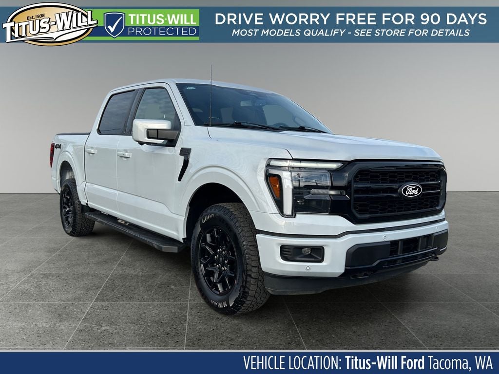 2025 Ford F-150 Lariat in White Metallic — front three-quarter view