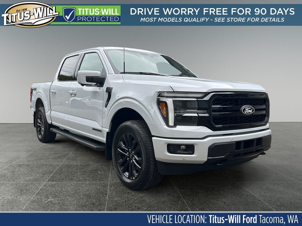 2025 Ford F-150 Lariat Hybrid in White — front three-quarter view