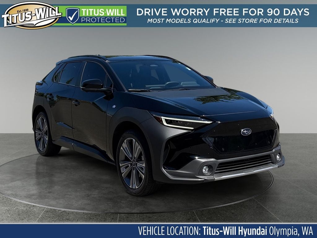 2024 Subaru Solterra Limited in Galactic Black — front three-quarter view