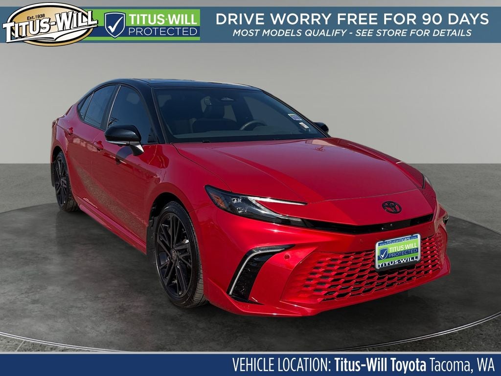 2025 Toyota Camry XSE in Supersonic Red/Black — front three-quarter view