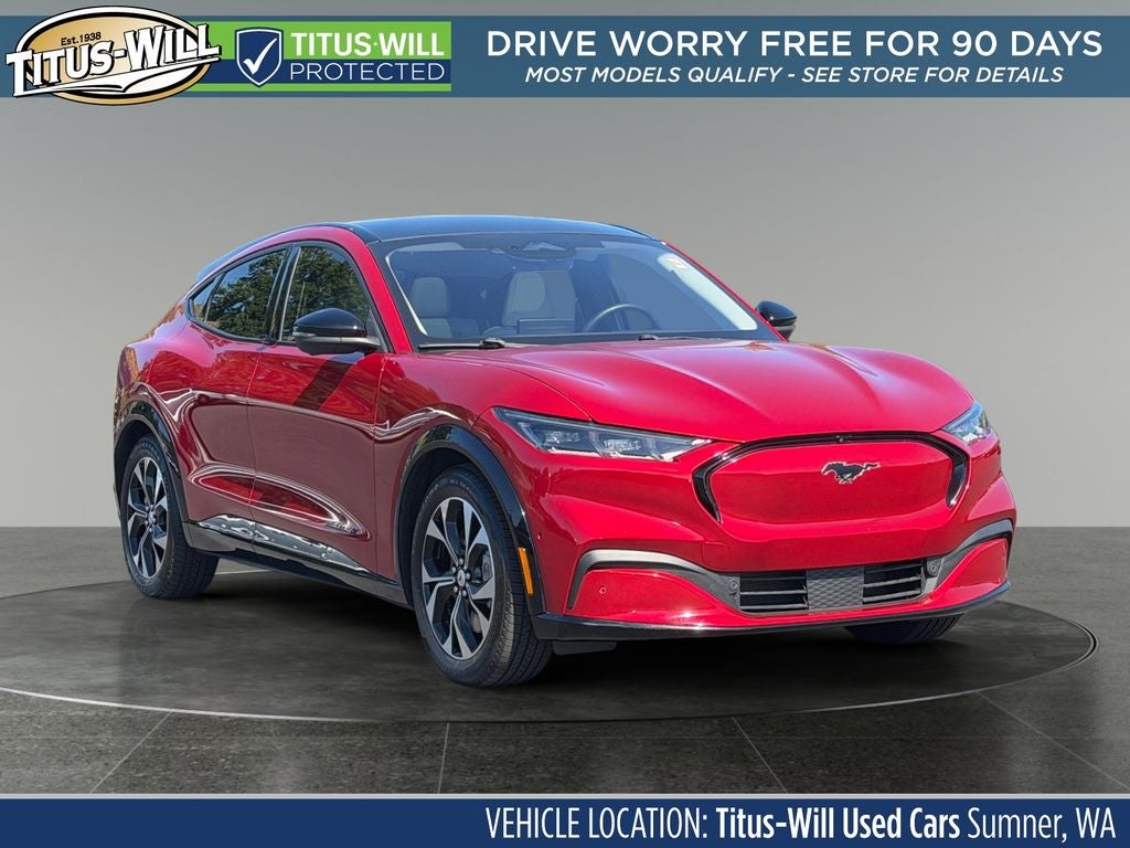 2021 Ford Mustang Mach-E Premium in Red Metallic — front three-quarter view