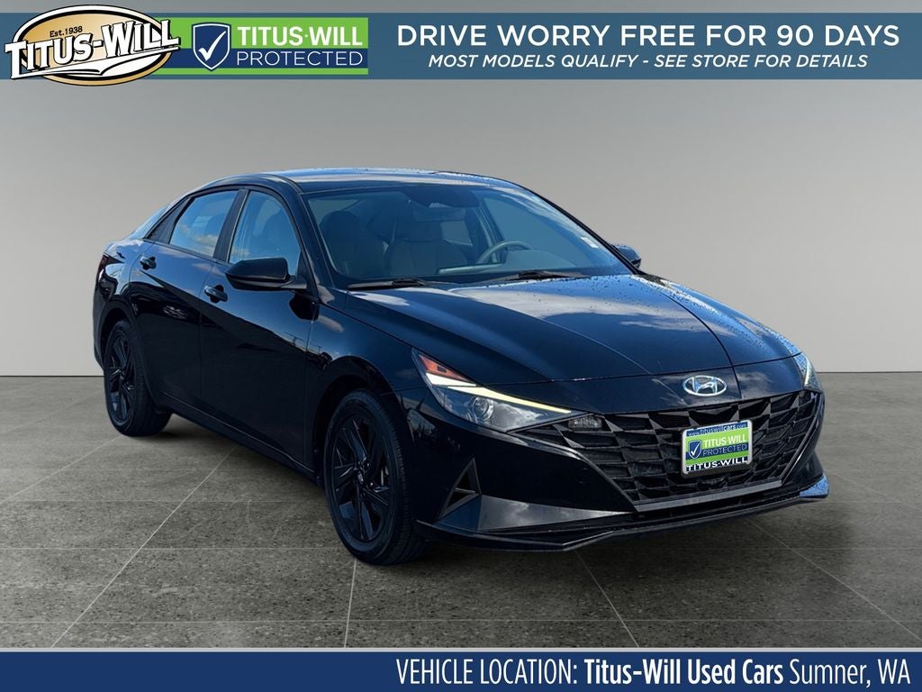 2021 Hyundai Elantra SEL in Phantom Black — front three-quarter view